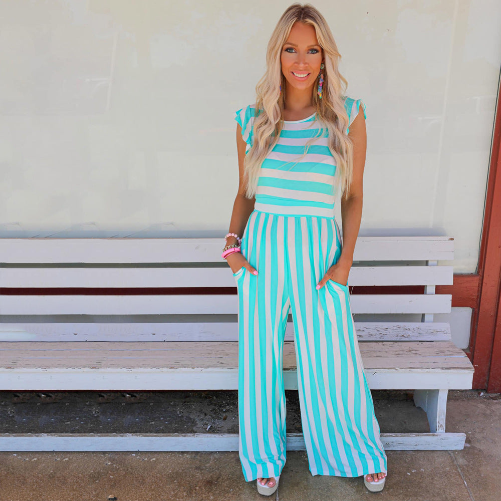 Summer Striped Round Neck Sleeveless Casual Jumpsuit Women