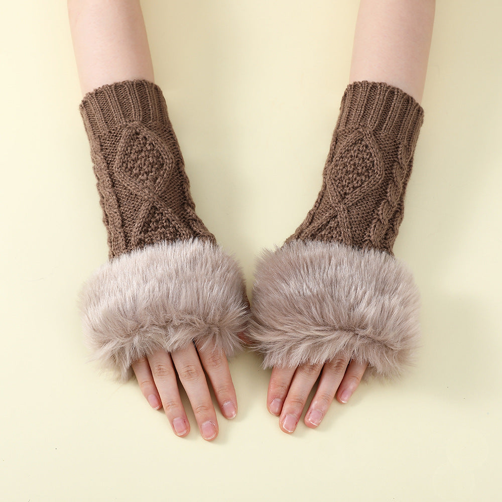 Faux Fur Knit Diamond Pattern Gloves