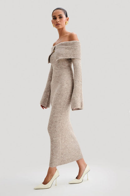 Slim Fitted Off-Shoulder Long Sleeve Sweater Dress