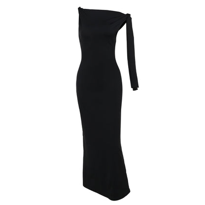Sleeveless High Neck Asymmetric Drape Sash Column Maxi Gown