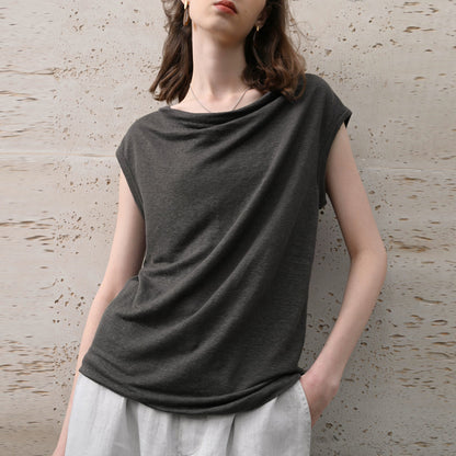 Hemp off-Shoulder Swing Collar Knitted Short Sleeved Summer Lightweight Slim Fit Top French Laziness Small Shirt T Women Clothing