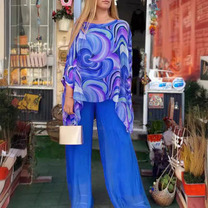 Summer Colorful Chiffon Casual round Neck Printed Two Piece Set Women