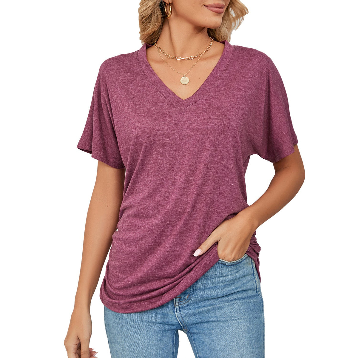 Summer Casual Pullover V Neck Solid Color Loose T Shirt Women Top