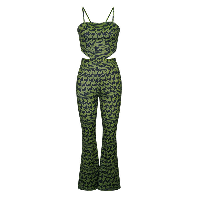 Suit Green Printing Vest Wide Leg Pants Casual Two Piece Suit
