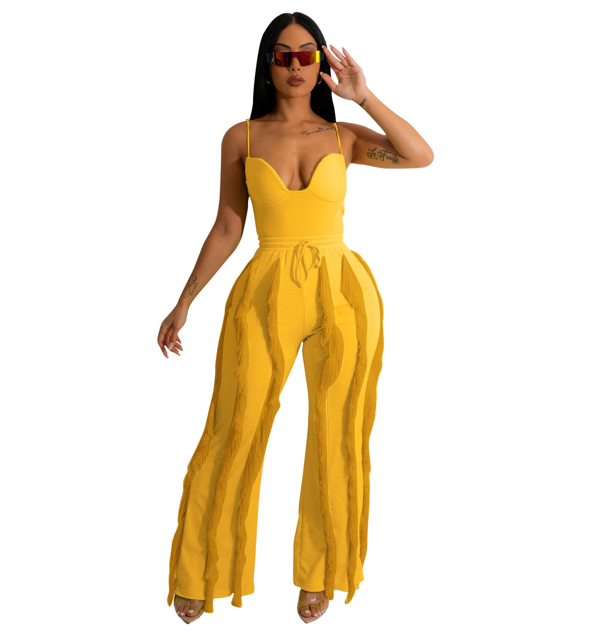 Summer Women Clothing Tassel Lace Suit Sexy Sling Two Piece Set