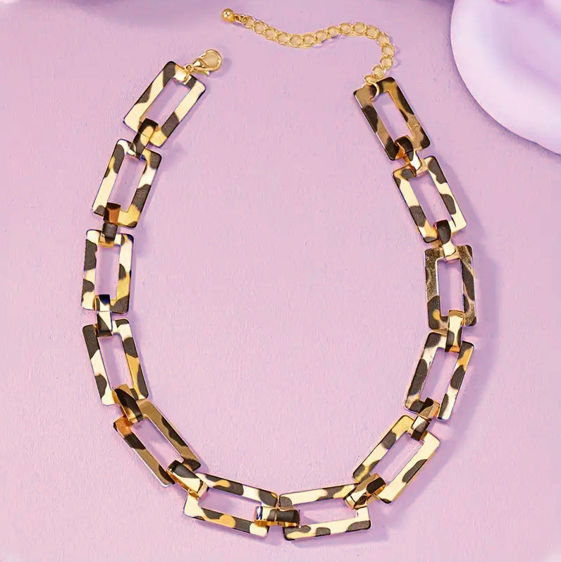 Punk Leopard Print Chunky Chain Choker Necklace