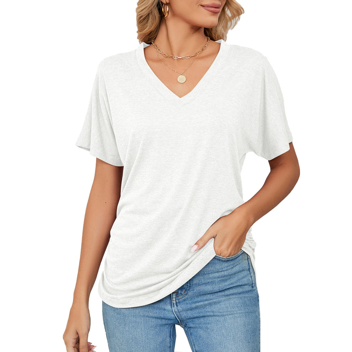 Summer Casual Pullover V Neck Solid Color Loose T Shirt Women Top