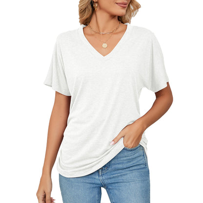 Summer Casual Pullover V Neck Solid Color Loose T Shirt Women Top