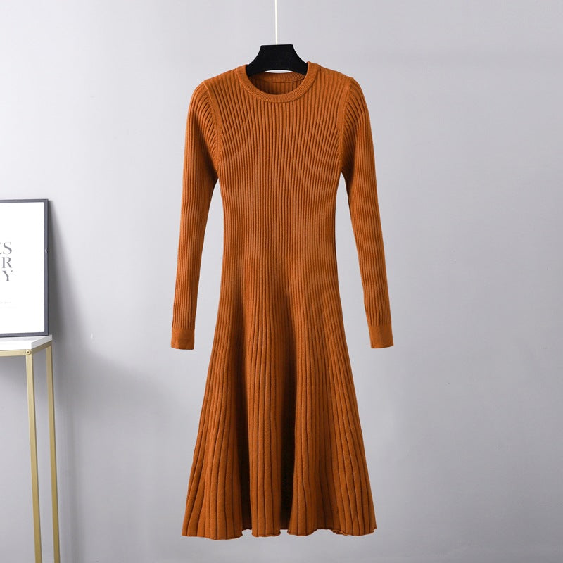 Fall Winter Slim Dress Women Mid Length Dress Round Neck Solid Color Inner Wear Base Sweater Dress A line Dress