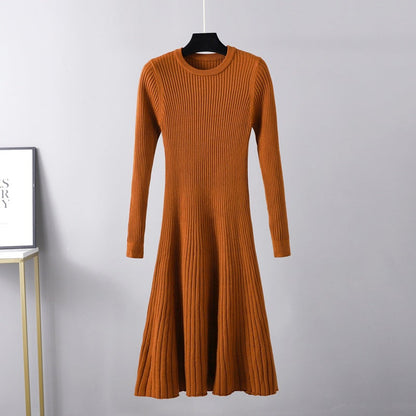 Fall Winter Slim Dress Women Mid Length Dress Round Neck Solid Color Inner Wear Base Sweater Dress A line Dress