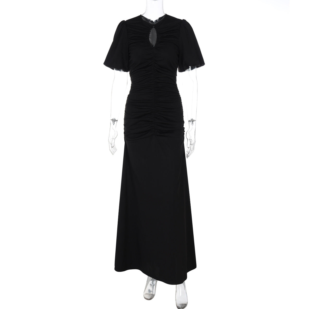 Women Clothing Summer French round Neck Short Sleeve Pleated Waist Tight Slimming Maxi Dress
