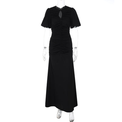 Women Clothing Summer French round Neck Short Sleeve Pleated Waist Tight Slimming Maxi Dress