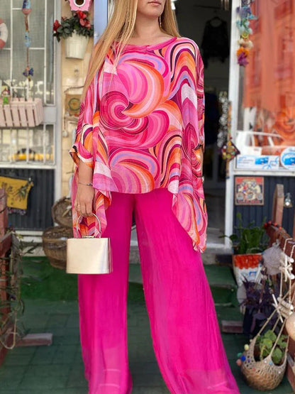 Summer Colorful Chiffon Casual round Neck Printed Two Piece Set Women