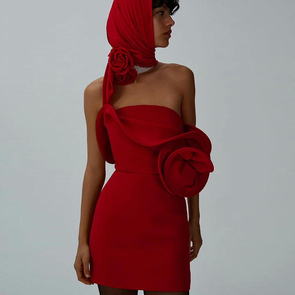 Summer Red Tube Top Floral Three Dimensional Hip Bag Dress Spicy Women Clothing