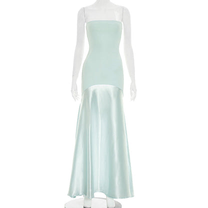Strapless Bandeau Dropped Waist Satin Panel Column Maxi Gown