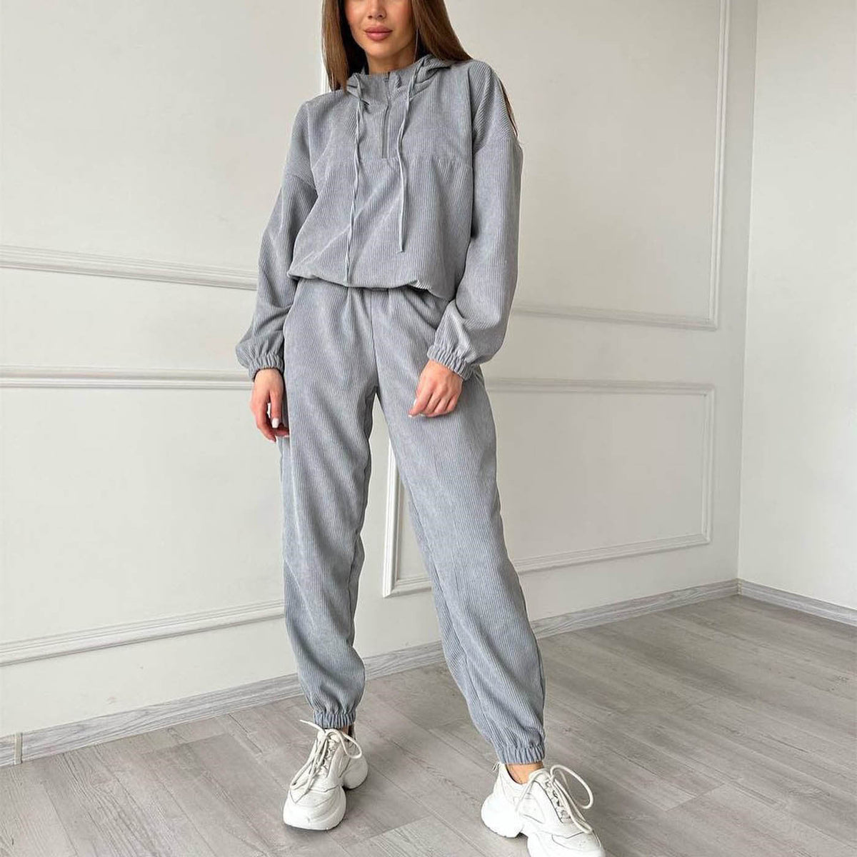 Corduroy Suit Women Sports Casual Autumn Winter Zipper Hooded Sweatshirt Sweatpants Two Piece Set Women