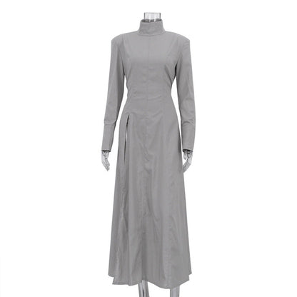 Stand Collar Long Sleeve Front Slit Structured Maxi Dress