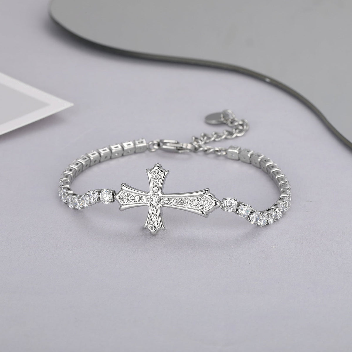Sparkly Full Zircon Cross Titanium Steel Fadeless Chain Bracelet