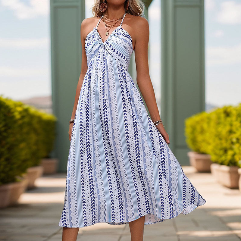 Summer Backless Bandage Dress Women Clothing V Neck Strap Sweet Spicy Printing Dress