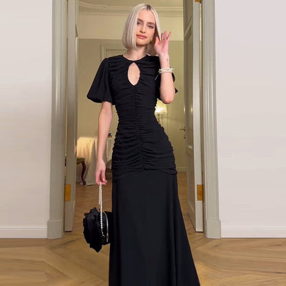 Women Clothing Summer French round Neck Short Sleeve Pleated Waist Tight Slimming Maxi Dress