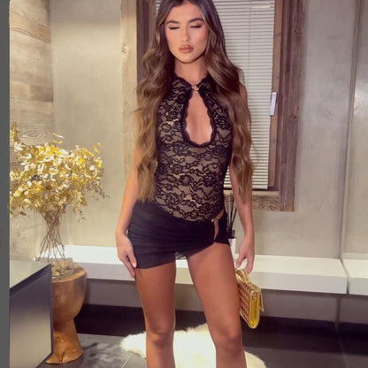Lace Halter Keyhole Cut Out Bodycon Mini Dress Asymmetric Mini Skirt Two Piece Set