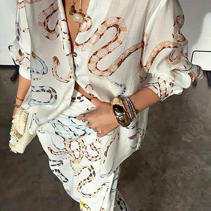 Summer Women Clothes Elegant Snake Figure Printed Shirt Long Sleeve Dress with Vents Loose Outfit