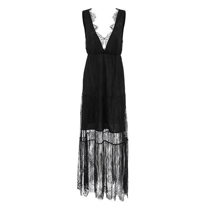 Lace Deep V-Neck Fringe Trim Tiered Scalloped Hem Maxi Dress