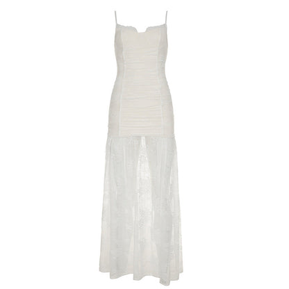 Ruched Sweetheart Lace Panel High Slit Maxi Dress