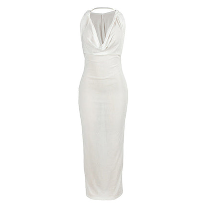 Sheer Mesh Halter Cowl Neck Bodycon Maxi Dress