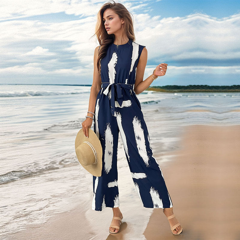 Summer Vacation One Piece Wide Leg Trousers Women Sleeveless Printed Jumpsuit