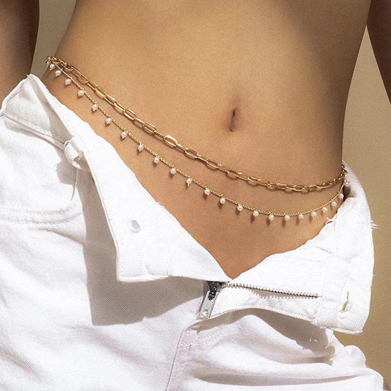 Faux Pearl Tassel Double Layer Cross Waist Chain