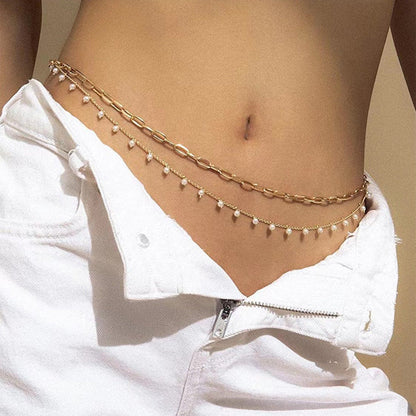 Faux Pearl Tassel Double Layer Cross Waist Chain