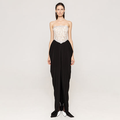 Lace Embellished Strapless Corset Basque Waist High Split Maxi Gown