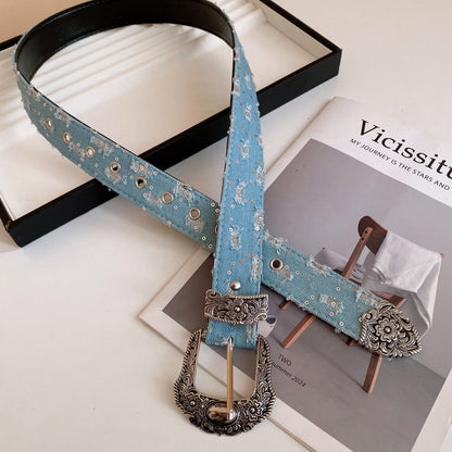 Distressed Denim Pattern Metal Belt