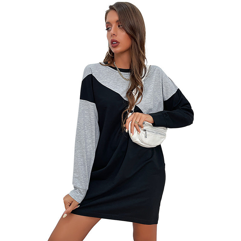 Contrast Color Loose Sweater Dress Long Sleeve Color Matching Fall Women Clothing Dress