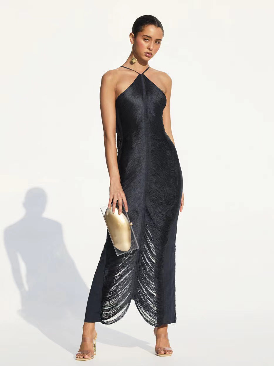 Halter Neck Fringe Texture Layered Hem Maxi Dress