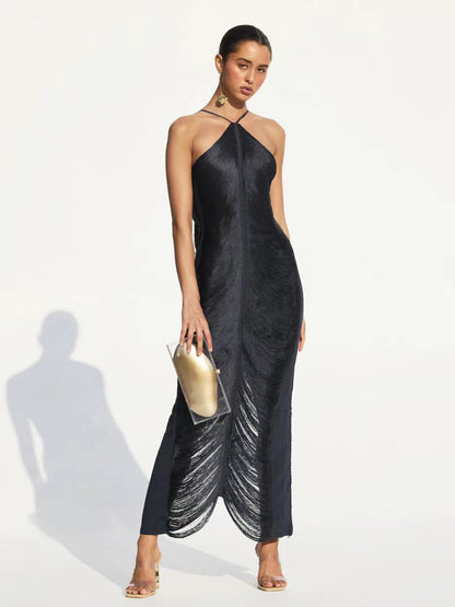 Halter Neck Fringe Texture Layered Hem Maxi Dress
