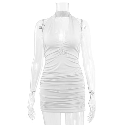 Halter Neck Plunging V-Neck Ruched Bodycon Mini Dress