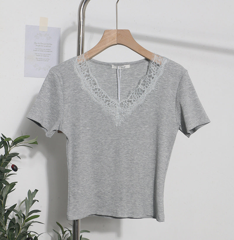 Summer Romantic Lace V neck Sexy T shirt Short Small Slim Short Sleeved Tops