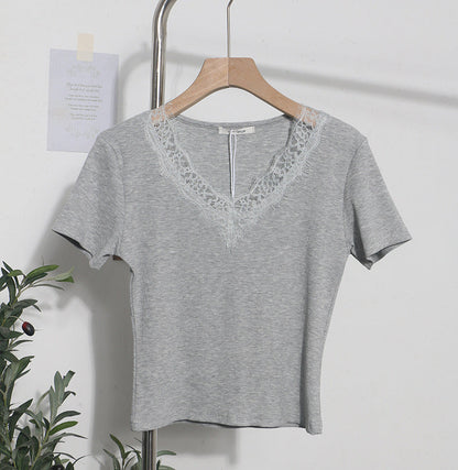 Summer Romantic Lace V neck Sexy T shirt Short Small Slim Short Sleeved Tops