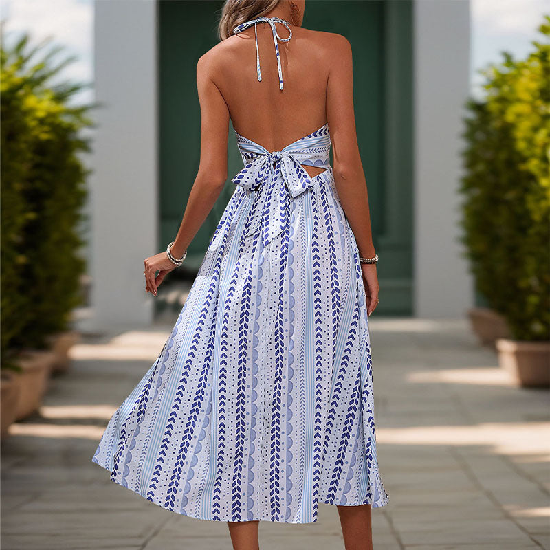 Summer Backless Bandage Dress Women Clothing V Neck Strap Sweet Spicy Printing Dress