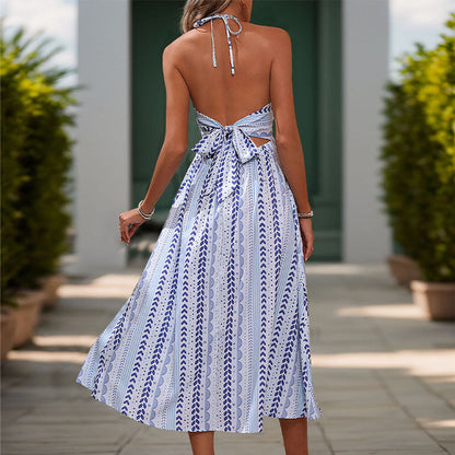 Summer Backless Bandage Dress Women Clothing V Neck Strap Sweet Spicy Printing Dress