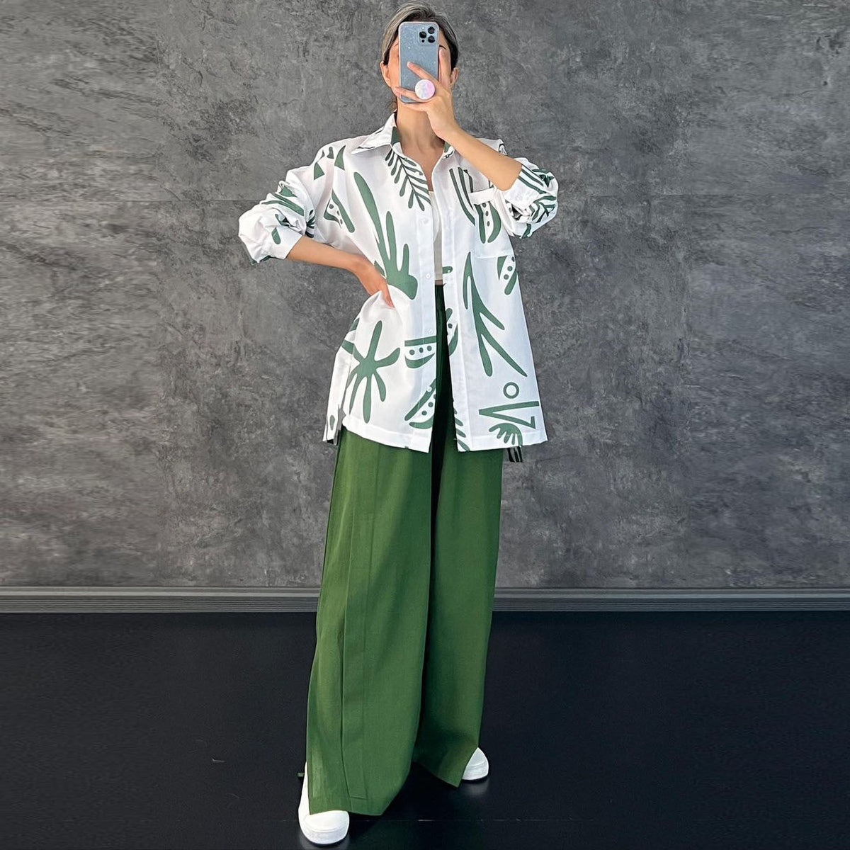 Women Clothing Casual Long Sleeve Printed Shirt High Waist Slit Wide Leg Pants Set Amplified craft