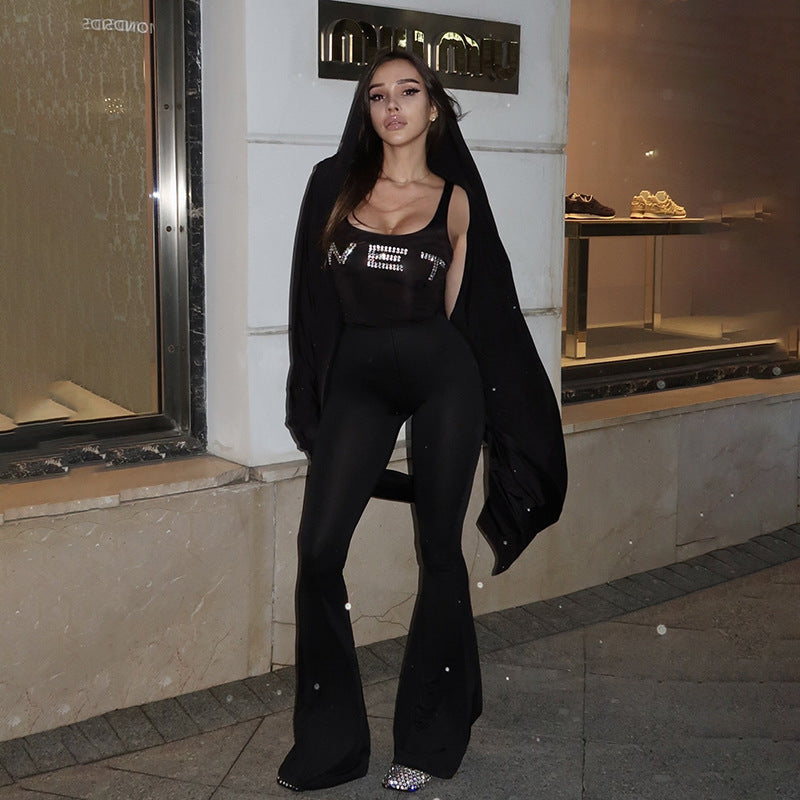 Summer Street Casual Slim Fit Letters Rhinestone Vest Type Jumpsuit Women