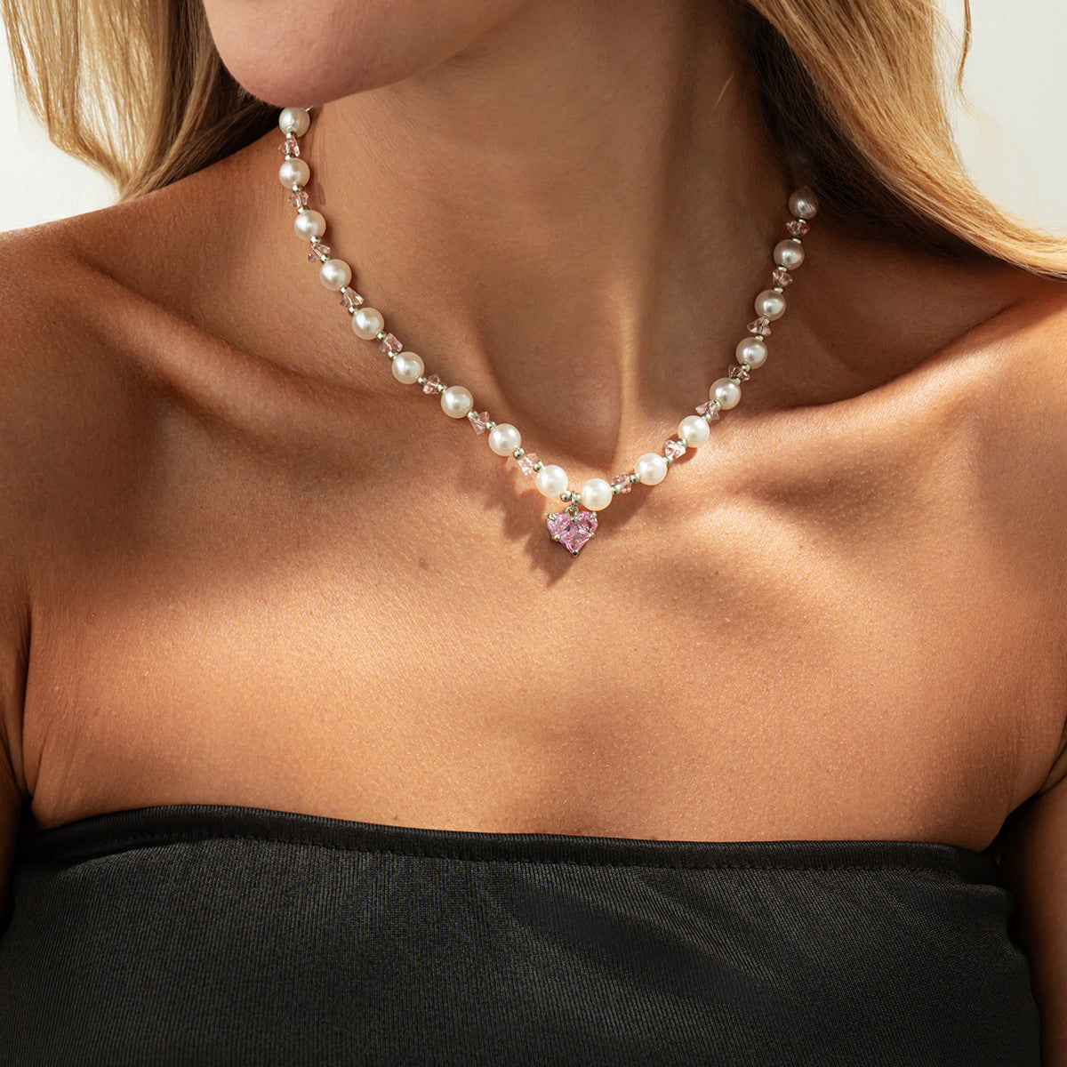 Crystal Heart Pearl Bead Choker Necklace