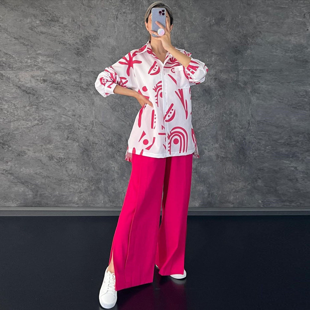 Women Clothing Casual Long Sleeve Printed Shirt High Waist Slit Wide Leg Pants Set Amplified craft