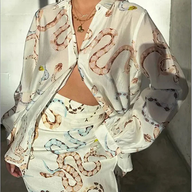 Summer Women Clothes Elegant Snake Figure Printed Shirt Long Sleeve Dress with Vents Loose Outfit