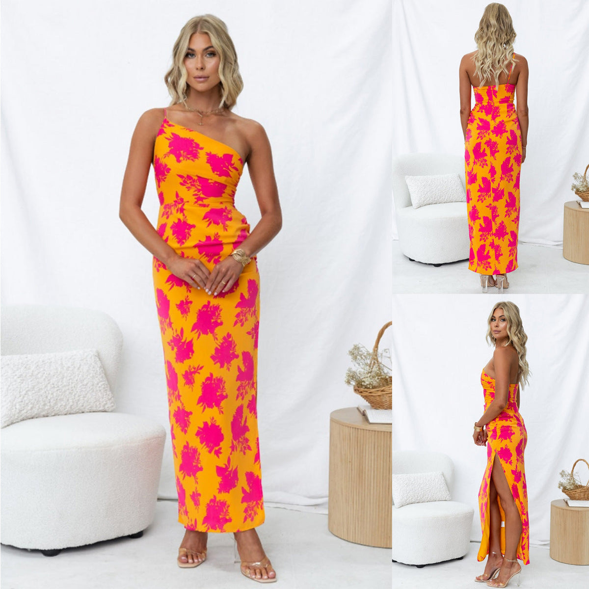 Summer Fashionable Elegant off Shoulder Tight Side Split Backless Dress