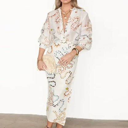 Summer Women Clothes Elegant Snake Figure Printed Shirt Long Sleeve Dress with Vents Loose Outfit