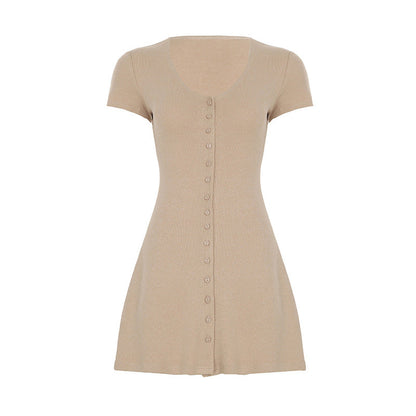 Summer Solid Color Basic Street Breasted Cinched Short Dress A line Dress Sexy Casual Knitted Short Sleeve Dress